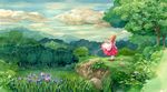  blonde_hair cloud day dress efira field flower forest iris_(flower) meadow nature original plant red_dress red_footwear scenery shoes sky standing traditional_media tree wind 