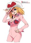  blonde_hair blue_eyes bodysuit breasts cleavage hat kaminari_ai large_breasts lipstick makeup oekaki onija_tarou open_clothes open_shirt pink_bodysuit pinky_out shirt solo time_bokan_(series) yatterman 