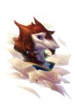  abstract_background black_lips blue_eyes brown_fur bust_portrait clothed clothing curls faellin fur male paper portrait sergal simple_background solo white_background 