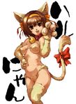  animal_ears bell bell_collar breasts brown_eyes brown_hair cat_ears claws collar elbow_gloves gloves hairband hand_on_hip hisahiko looking_at_viewer medium_breasts navel open_mouth ribbon simple_background solo suzumiya_haruhi suzumiya_haruhi_no_yuuutsu tail tail_ribbon thighhighs white_background 