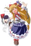  :d bare_shoulders blonde_hair bow chain closed_eyes drunk fangs frilled_skirt frills gourd hair_bow horn_bow horns ibuki_suika long_hair low-tied_long_hair open_mouth sekiguchi_miiru skirt smile solo touhou transparent_background very_long_hair 