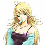  blonde_hair bug butterfly detached_sleeves food green_eyes hoshii_miki idolmaster idolmaster_(classic) idolmaster_1 insect long_hair lowres popsicle solo tattoo 