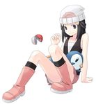  beanie black_hair boots full_body gen_4_pokemon grey_eyes hat hikari_(pokemon) itsutsu legs open_poke_ball pink_footwear piplup poke_ball poke_ball_(generic) pokemon pokemon_(creature) simple_background sitting skirt white_background 