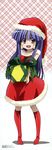  absurdres blue_hair blush_stickers boots bow christmas dress earrings furude_rika gift happy hat highres higurashi_no_naku_koro_ni holding holding_gift jewelry jpeg_artifacts knee_boots lipstick long_hair makeup morimoto_hirofumi official_art purple_eyes santa_costume santa_hat scan solo 