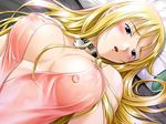  bed blonde_hair blue_eyes blush breasts choker close-up covered_nipples dutch_angle from_above game_cg honda_naoki large_breasts lime-iro_senkitan long_hair lying no_bra on_back open_clothes open_mouth open_shirt pillow see-through shirt solo sophia_(lime-iro_senkitan) very_long_hair wet wet_clothes 