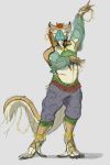  2019 anthro clothed clothing dancing digital_media_(artwork) fur gerudo_outfit hair hi_res linuell linuell_s&#039;eleross male sergal simple_background slightly_chubby smile solo southern 