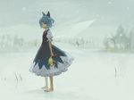  barefoot bow cirno dress frog hair_bow ice iwamoto_zerogo nature outdoors short_hair sky snow snowing solo touhou wings 