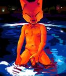  2018 areola balls big-fig canine erection eyes_closed fangs fox front_view fur gregg_(nitw) hand_on_thigh holding_penis kneeling male mammal navel night night_in_the_woods nipples orange_fur outside penis pose public seductive solo video_games water wet 