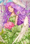  :d angel angel_wings bouquet copyright_request dress efira flower green_dress layered_dress long_hair looking_at_viewer multiple_wings open_mouth petals pink_flower pink_rose purple_eyes purple_hair rose rose_petals seraph smile solo very_long_hair white_wings wings 