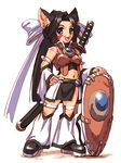  animal_ears armor black_hair blue_eyes breasts detached_sleeves facial_mark full_body hand_on_hip hisahiko holding_shield long_hair medium_breasts navel open_mouth original scabbard sheath sheathed shield simple_background solo standing sword very_long_hair weapon white_background 