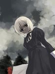  black_dress blonde_hair brown_eyes cloud cloudy_sky dark dress from_below juliet_sleeves long_sleeves looking_at_viewer looking_down natori_(natorism) original puffy_sleeves sky solo 