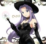  bare_shoulders black_gloves blue_eyes braid breasts caster choker cleavage elbow_gloves fate/stay_night fate_(series) gloves glowing hat jewelry lace lace-trimmed_gloves lipstick long_hair makeup medium_breasts necklace pendant plant pointy_ears purple_hair see-through side_braid smile solo takenashi_eri very_long_hair vines wand witch witch_hat 