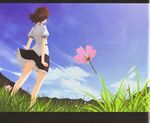  artist_request brown_hair cloud cosmos_(flower) day flower from_behind grass hat legs letterboxed outdoors puffy_short_sleeves puffy_sleeves scan shameimaru_aya short_sleeves skirt sky solo standing tokin_hat touhou wind 