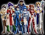  5girls akagi_ritsuko armor artist_request ayanami_rei beard bikini_armor blue_hair breasts cleavage facial_hair glasses ibuki_maya ikari_gendou ikari_shinji katsuragi_misato large_breasts loincloth medium_breasts multiple_boys multiple_girls neon_genesis_evangelion open_clothes open_shirt parody shirt sleeves_rolled_up souryuu_asuka_langley staff thighhighs underboob 