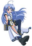  ahoge asymmetrical_legwear blue_eyes blue_hair book book_of_the_azure_sky boots fingerless_gloves gloves hair_ornament long_hair lyrical_nanoha magical_girl mahou_shoujo_lyrical_nanoha_strikers reinforce_zwei sekiguchi_miiru single_thighhigh solo thighhighs waist_cape x_hair_ornament 