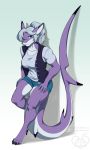  2019 4_toes 5_fingers anthro barefoot blue_eyes clothed clothing digital_media_(artwork) female fish kittydee marine muscular muscular_female salvia_carhina shark simple_background solo standing thresher_shark toes 