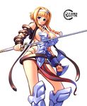  armor blonde_hair blue_eyes blush braid breasts buckle cleavage gunner-l hairband large_breasts leina queen's_blade revealing_clothes short_hair_with_long_locks side_braid solo sword twin_braids weapon 