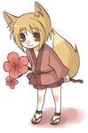  animal_ears blonde_hair branch brown_eyes chibi copyright_request flower fox_ears fox_tail full_body japanese_clothes kimono leaning_forward looking_at_viewer lowres matsuzuki_matsu plum_blossoms sandals smile solo standing tail white_background 