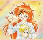  90s araizumi_rui blonde_hair blush character_doll doll dress_shirt gourry_gabriev headband heart highres lina_inverse long_hair o_o one_eye_closed orange_hair purple_eyes scan shirt slayers smile solo very_long_hair white_shirt 