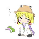  &gt;_&lt; :p blonde_hair blush_stickers chibi closed_eyes frog hat lowres morino_harifu moriya_suwako solo squatting tongue tongue_out touhou 