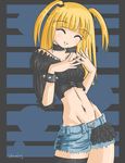  amane_misa artist_request bangs blonde_hair closed_eyes death_note denim denim_shorts long_hair midriff shorts smile solo two_side_up 