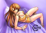  bed blush breasts bursting_breasts cleavage crop_top gunner-l huge_breasts legs long_hair looking_back lunar_wing lying midriff milka no_bra on_back orange_eyes orange_hair pillow shorts smile solo wrist_cuffs 