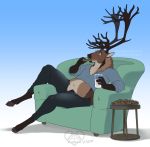 2019 5_fingers anthro antlers cervine clothed clothing digital_media_(artwork) elk green_eyes hooves horn kittydee male mammal midriff navel overweight simple_background sitting solo 