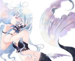  ahoge blue_hair bracelet breasts cleavage closed_eyes copyright_request from_side hato_rami jewelry lingerie long_hair mermaid midriff monster_girl parted_lips small_breasts solo tattoo tears underwear white_background 