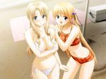  bikini blonde_hair blue_eyes blush breasts checkered checkered_bikini cleavage game_cg hair_cubes hair_ornament large_breasts long_hair mother_and_daughter mukai_mana mukai_yumiko multiple_girls nami_no_manimani peko side-tie_bikini square-leg swimsuit twintails 