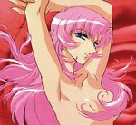  90s armpits arms_up artist_request blue_eyes breasts convenient_censoring long_hair nude official_art pink_hair shoujo_kakumei_utena small_breasts solo tenjou_utena 
