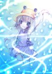  arm_up artist_request blonde_hair blush hair_ribbon hat long_sleeves looking_at_viewer moriya_suwako open_mouth outstretched_arm purple_skirt red_ribbon ribbon skirt skirt_set solo thighhighs touhou tress_ribbon vest wide_sleeves yellow_eyes 