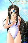  aa_megami-sama black_hair brown_eyes facial_mark finger_to_mouth forehead_mark long_hair one-piece_swimsuit onoe skuld solo swimsuit 