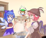  animal_ears bow bowl cat_ears chen cirno des fish food fork ladle multiple_girls mystia_lorelei pot rice soup spoon table touhou wings 