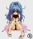  alfimi bangs blue_hair full_body grey_background hands_on_legs high_heels hisahiko long_hair looking_at_viewer red_eyes shoes simple_background sitting solo super_robot_wars super_robot_wars_original_generation tongue 
