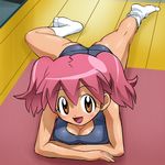  haruyama_kazunori hinata_natsumi keroro_gunsou lowres lying one-piece_swimsuit pink_hair school_swimsuit socks solo swimsuit twintails 