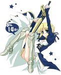  armored_boots arms_up artist_request artoria_pendragon_(all) ass blonde_hair blue_dress boots breasts cleavage corset cross-laced_clothes dress fate/stay_night fate_(series) full_body green_eyes knee_boots long_sleeves saber short_hair simple_background small_breasts solo white_background 
