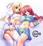 :d :o ass asymmetrical_docking bed between_thighs blonde_hair blush breast_press breasts bridal_gauntlets brooch cecil_(lunar_wing) covered_nipples crop_top detached_sleeves embarrassed from_above garter_straps gunner-l hair_ribbon huge_breasts impossible_clothes impossible_shirt jewelry loincloth long_hair looking_back lunar_wing lying midriff multiple_girls navel no_panties on_back on_side open_mouth pleated_skirt red_eyes red_hair ribbon shiny shiny_clothes shirt shirufana skirt smile thighhighs turtleneck twintails underboob white_legwear yuri 