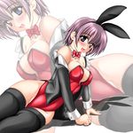  animal_ears black_legwear blue_eyes blush bunny_ears bunnysuit copyright_request detached_collar eyebrows_visible_through_hair fake_animal_ears highres leotard long_sleeves looking_at_viewer off_shoulder open_mouth red_leotard short_hair solo thighhighs tomoya_kankurou zoom_layer 