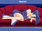  ai_yori_aoshi bangs bare_shoulders barefoot blue_eyes blue_hair blush bob_cut breast_press breasts cleavage couch embarrassed feet indoors japanese_clothes jpeg_artifacts kimono legs letterboxed long_legs looking_at_viewer lying medium_breasts nawa_munenori newtype no_bra obi off_shoulder official_art on_side open_mouth sakuraba_aoi sash short_hair single_sock socks solo tabi unaligned_breasts wallpaper wide_sleeves 