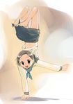  barefoot blue_eyes feet handstand ikeda_jun_(mizutamari) original sailor_collar_lift school_uniform serafuku skirt smile solo 