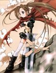  bandages black_gloves blue_eyes boots brown_hair cloak cloud duplicate gloves melty_bagle miniskirt nanase_aoi petit_monster skirt sky solo standing sword thighhighs torn_clothes twintails weapon white_legwear zettai_ryouiki 