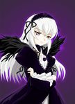  artist_request black_dress black_wings brooch cowboy_shot dress frills gem hairband jewelry juliet_sleeves lolita_hairband long_hair long_sleeves looking_afar pink_eyes puffy_sleeves purple_background rozen_maiden simple_background solo suigintou wings 