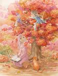  2girls autumn book cat copyright_request efira multiple_girls tree 