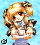  blonde_hair coffee cup hisahiko irui_guneden quad_tails red_eyes short_twintails solo super_robot_wars twintails 