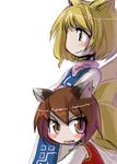  animal_ears blonde_hair brown_eyes brown_hair cat_ears chen earrings fang fox_ears fox_tail jewelry multiple_girls multiple_tails no_hat no_headwear short_hair single_earring surcoat tail tao_(kadoya) touhou white_background yakumo_ran yellow_eyes 