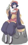  baggy_pants blue_hair blue_skin blush_stickers breasts chinese_clothes claws cleavage cleavage_cutout flats flipped_hair jiangshi kyo_(kuroichigo) large_breasts lei_lei pants red_eyes short_hair sitting solo vampire_(game) 