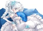  bare_shoulders blue_flower blue_rose copyright_request covering_mouth detached_sleeves dress drill_hair fan flower folding_fan frilled_dress frills grey_eyes hair_flower hair_ornament hato_rami lolita_fashion long_hair pillow reclining rose sitting solo white_dress white_hair 
