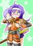  blush breast_grab breasts closed_eyes earth_ekami elbow_gloves embarrassed fire_emblem fire_emblem:_souen_no_kiseki gloves grabbing green_eyes hairband ilyana multiple_girls purple_hair small_breasts smile sword thighhighs wayu_(fire_emblem) weapon white_hairband zettai_ryouiki 