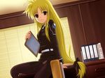  40010prototype blonde_hair desk fate_testarossa long_hair low-tied_long_hair lyrical_nanoha mahou_shoujo_lyrical_nanoha_strikers military military_uniform pantyhose red_eyes solo tsab_executive_military_uniform uniform very_long_hair 