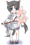  animal_ears black_hair branch cherry_blossoms chibi copyright_request flower fox_ears full_body japanese_clothes kimono lowres matsuzuki_matsu sandals solo standing white_background 